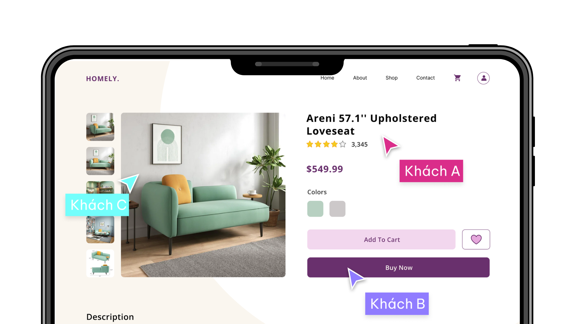 Minh hoạ giao diện website bán sofa với 3 nhóm khách hàng có hành vi khác nhau (Khách A, B, C). 